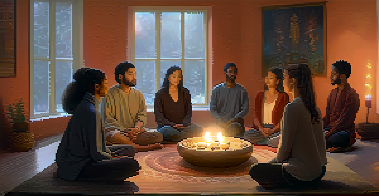 A cozy indoor setting with a group of people meditating on cushions, surrounded by soft lighting and candles, creating a peaceful atmosphere.