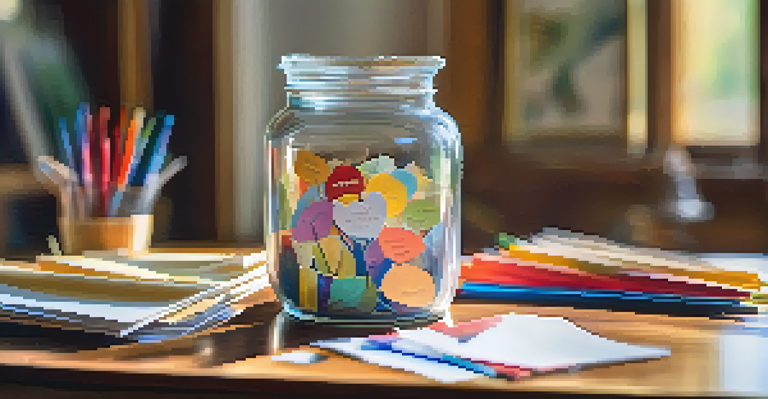 A close-up of a gratitude jar filled with colorful handwritten notes on a wooden table, with a blurred family in the background.