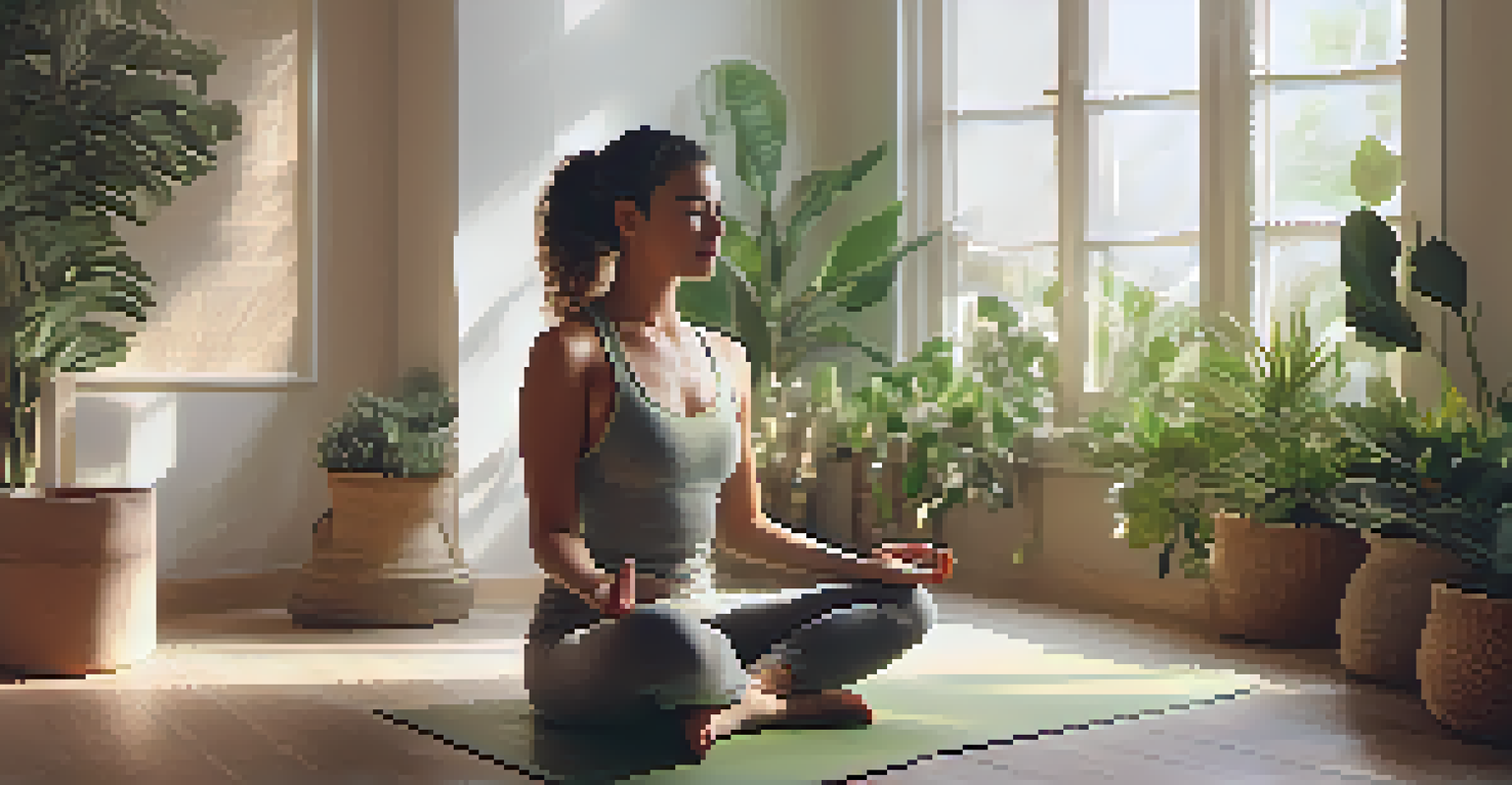 A person practicing deep breathing on a yoga mat in a softly lit room with plants and candles, conveying relaxation.