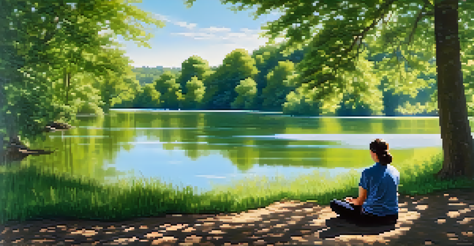 A peaceful scene of a person meditating by a calm lake, surrounded by greenery and sunlight filtering through the trees.