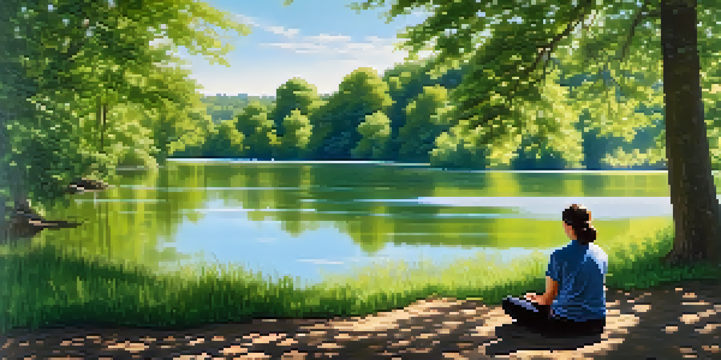 A peaceful scene of a person meditating by a calm lake, surrounded by greenery and sunlight filtering through the trees.