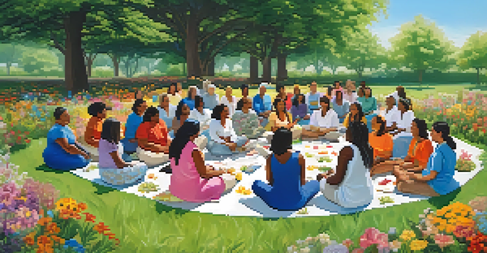 A diverse group of women in a park participating in a community health workshop, surrounded by flowers and a blue sky.