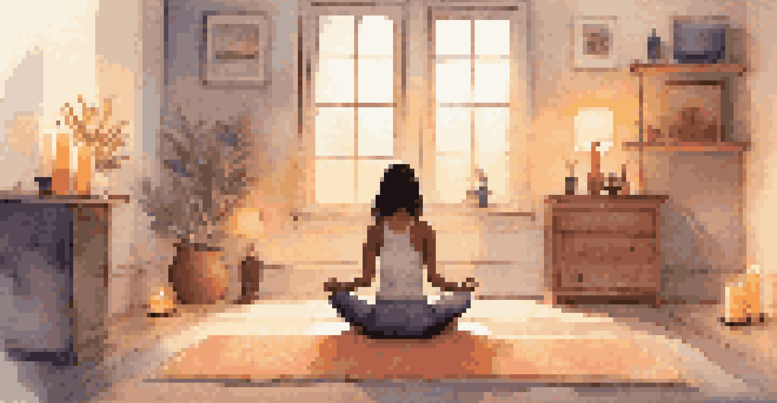 A person practicing mindfulness sitting cross-legged on a yoga mat in a softly lit room surrounded by candles.
