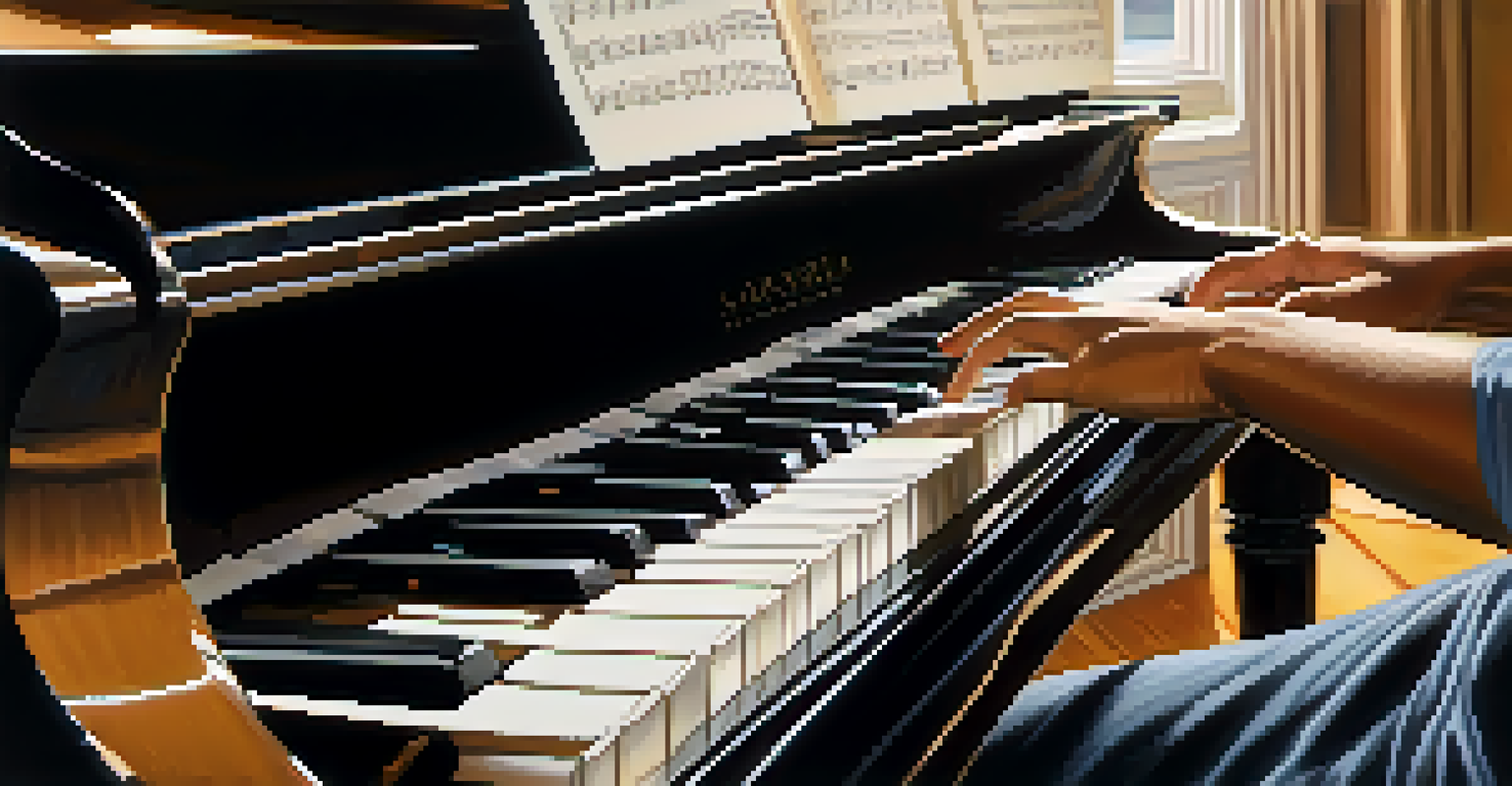A close-up of a person's hands playing a grand piano, with sheet music in view and soft natural light illuminating the scene.