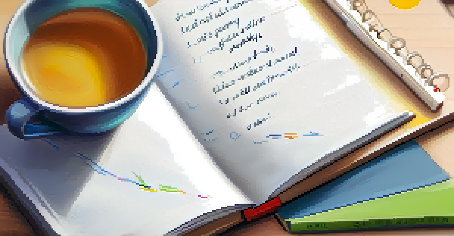 A close-up of a notebook with written goals for overcoming social anxiety, surrounded by a cup of tea and a plant.