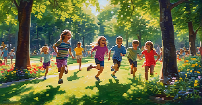 A group of children playing tag in a sunny park, surrounded by trees and flowers, showcasing joy and movement.