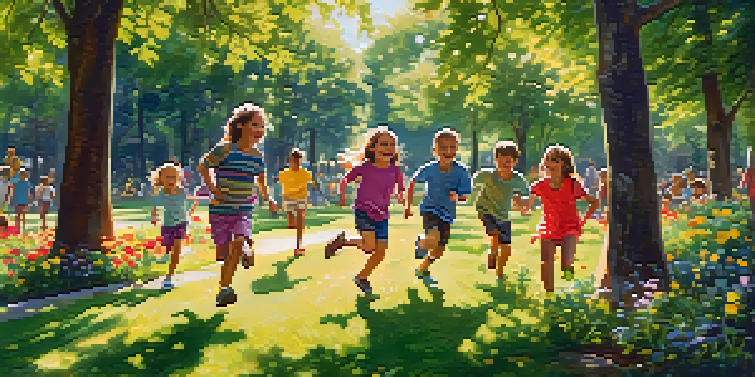 A group of children playing tag in a sunny park, surrounded by trees and flowers, showcasing joy and movement.
