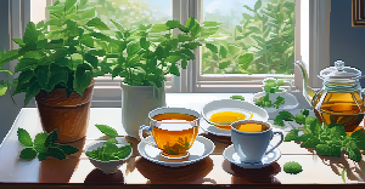 A wooden table displaying herbal teas with fresh herbs and a notebook, illuminated by warm sunlight.