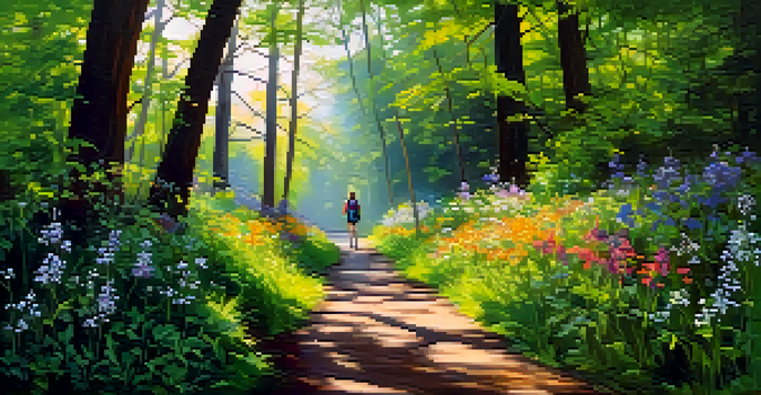 A person walking through a lush green forest with sunlight filtering through the leaves and vibrant wildflowers along the path.
