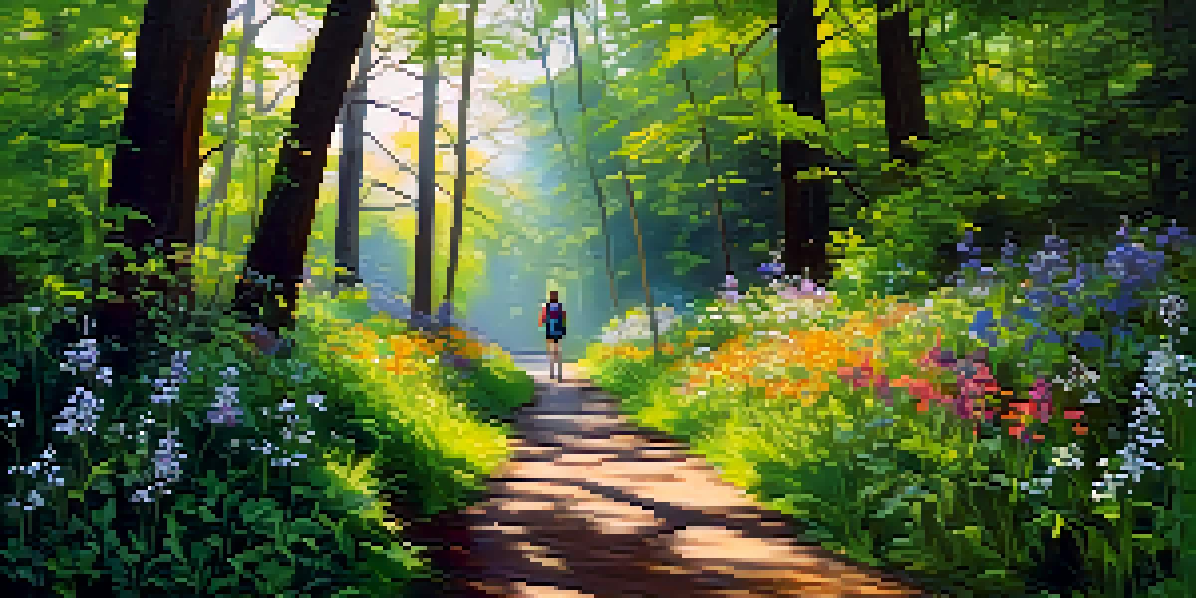 A person walking through a lush green forest with sunlight filtering through the leaves and vibrant wildflowers along the path.
