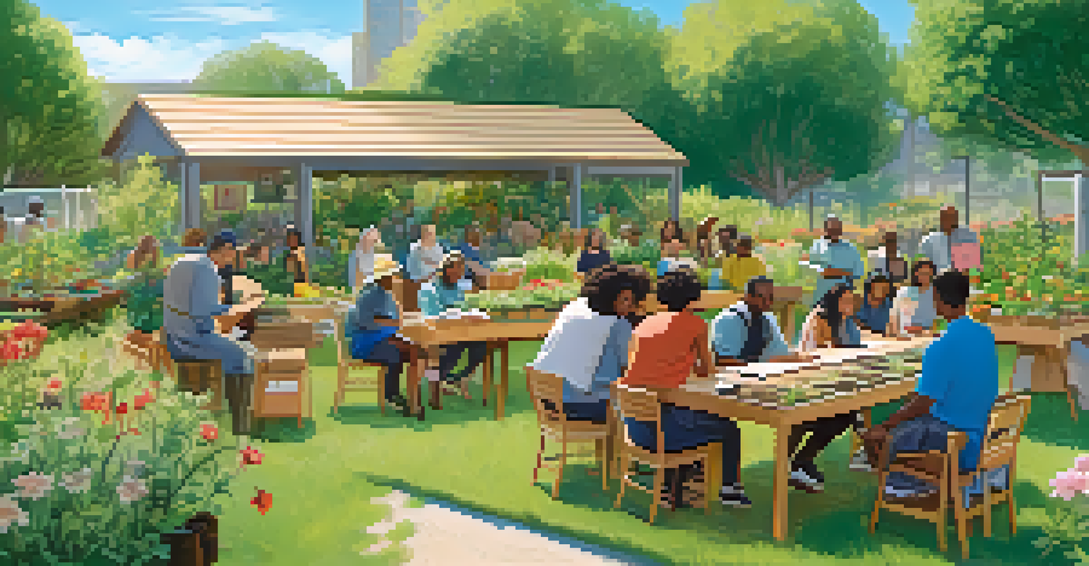 A group of people participating in a gardening workshop in a green community garden, learning about composting.