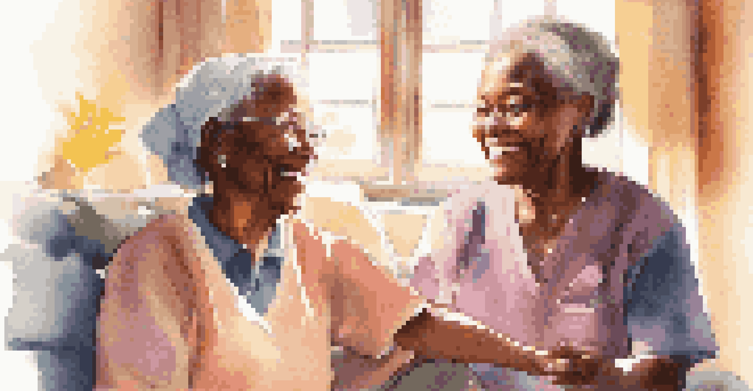 A caregiver and a patient smiling at each other during a home healthcare visit, with sunlight illuminating the room.
