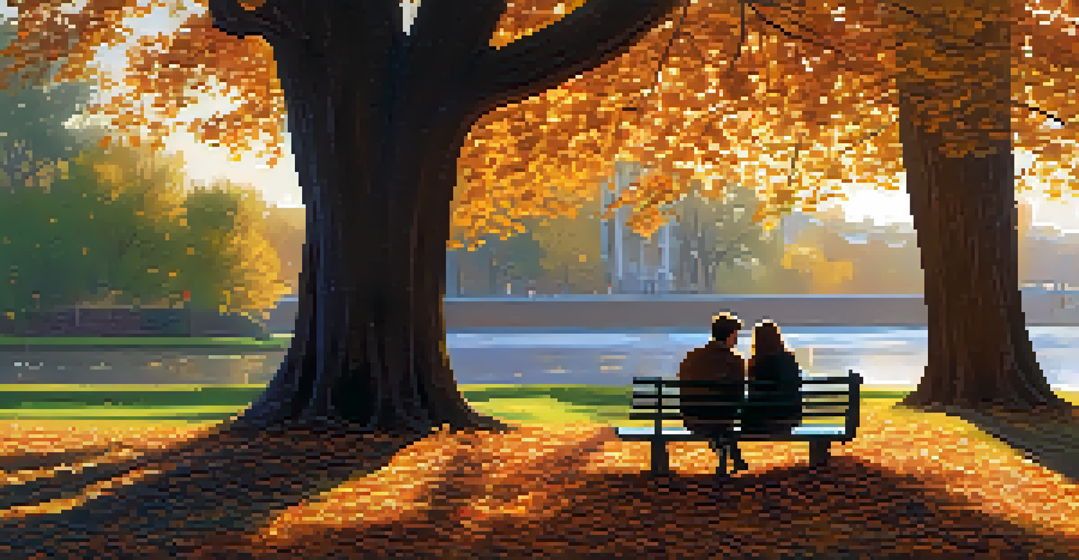 Two individuals sitting on a bench in a park during sunset, one listening intently while the other shares their feelings.