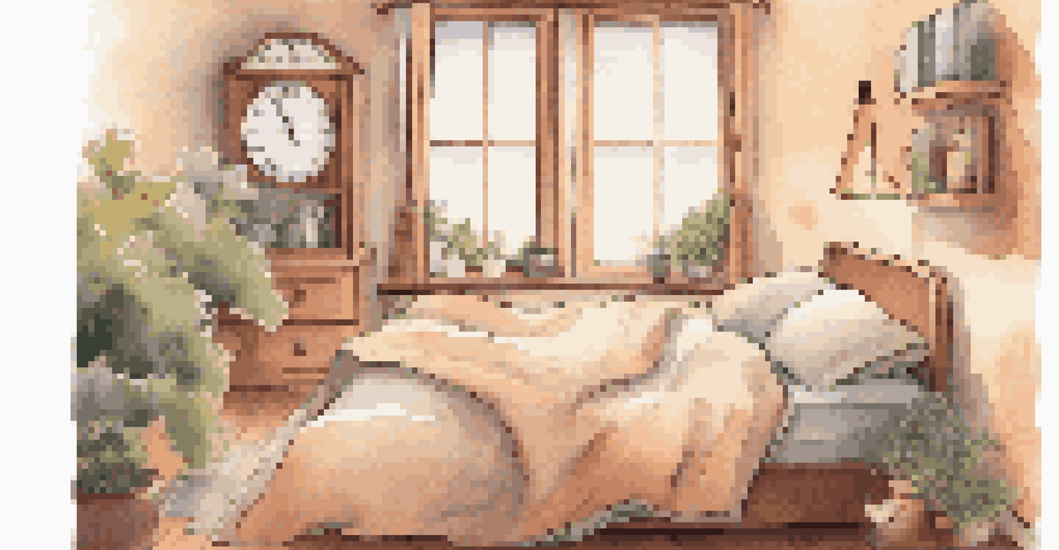 A digital clock showing a consistent sleep schedule in a cozy bedroom, with a blanket, a book, and a cup of tea.