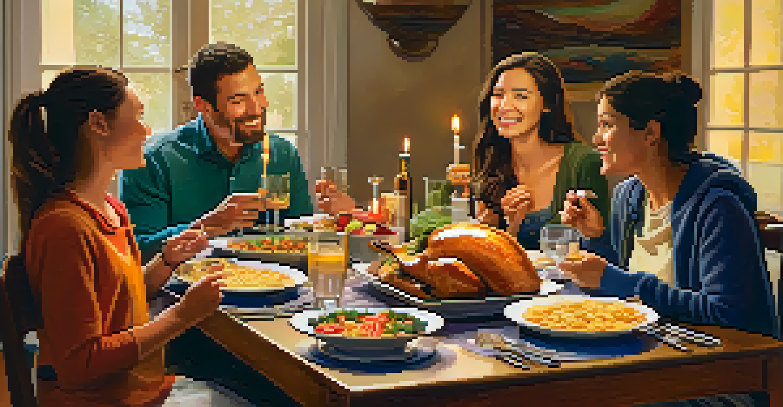 A family enjoying a meal together, sharing stories around a dining table filled with colorful dishes.