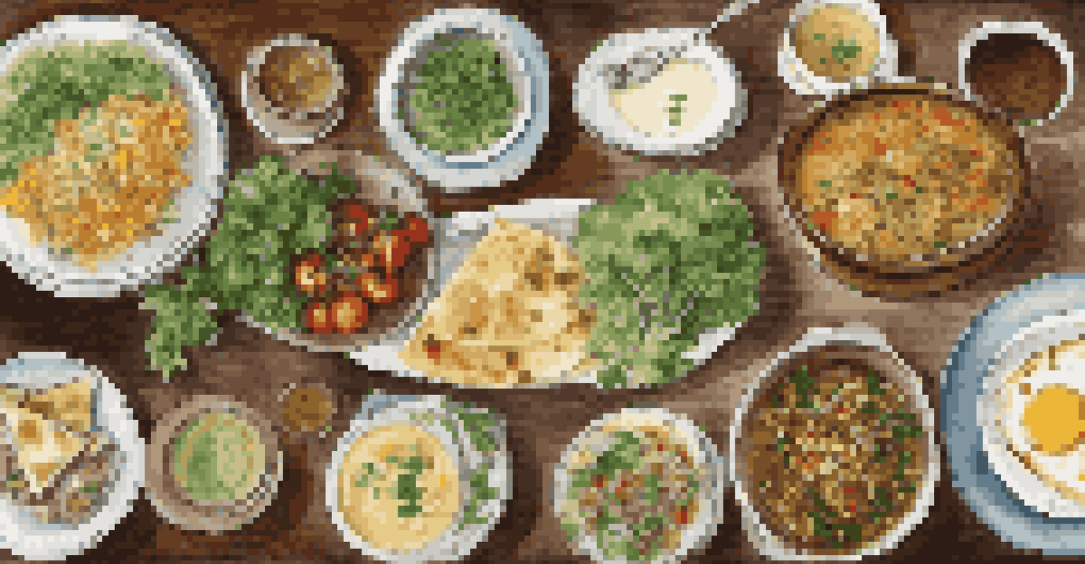An overhead view of a table filled with creatively repurposed leftover meals.