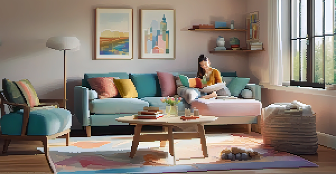 A family of four practicing mindfulness in a cozy living room with soft lighting and colorful decor.
