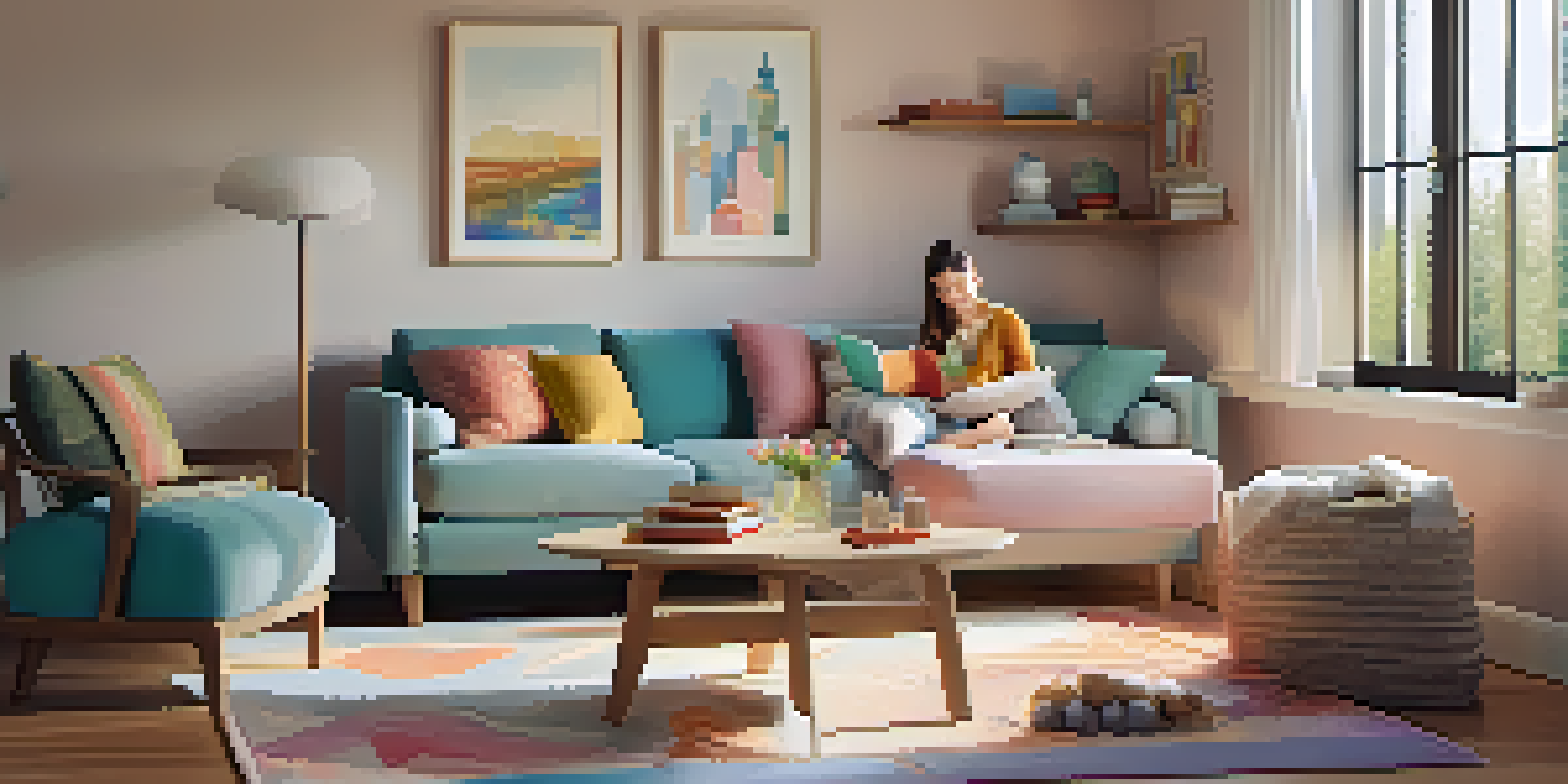 A family of four practicing mindfulness in a cozy living room with soft lighting and colorful decor.