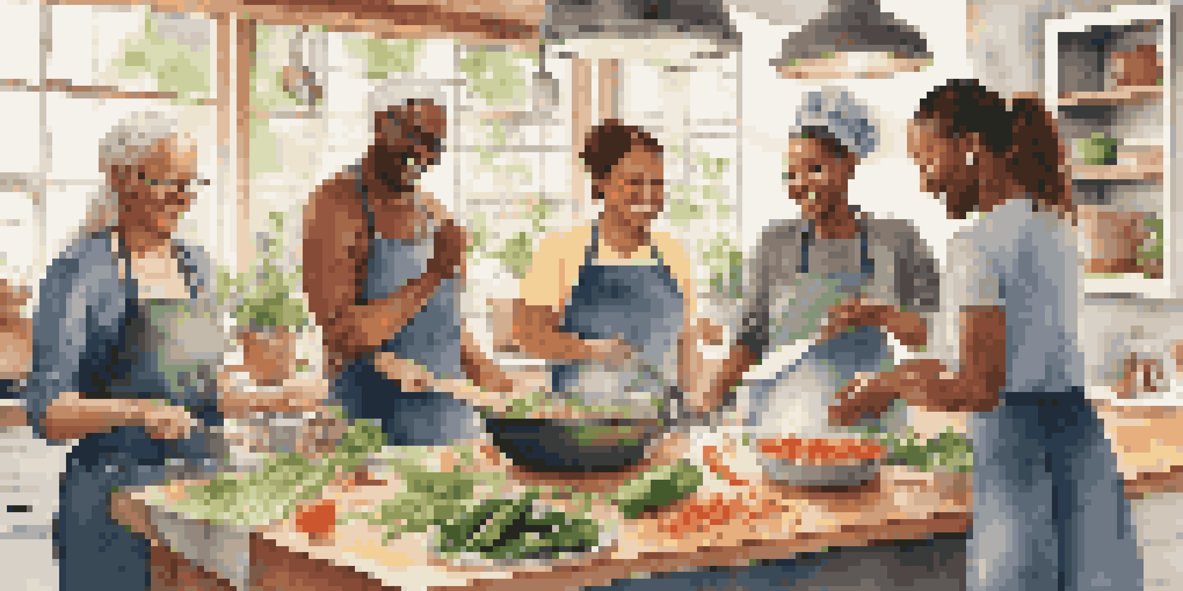 A diverse group of individuals cooking together in a bright kitchen, surrounded by fresh ingredients and cooking tools, with sunlight streaming in.