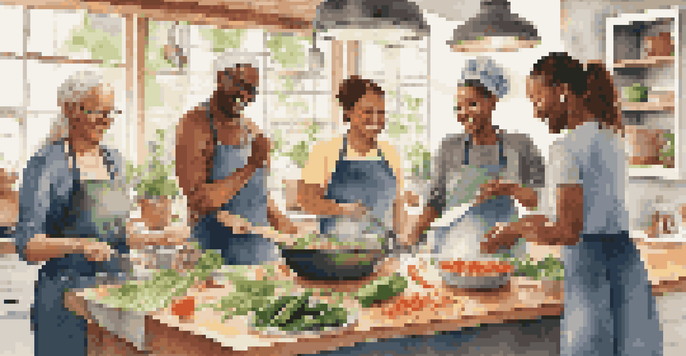 A diverse group of individuals cooking together in a bright kitchen, surrounded by fresh ingredients and cooking tools, with sunlight streaming in.