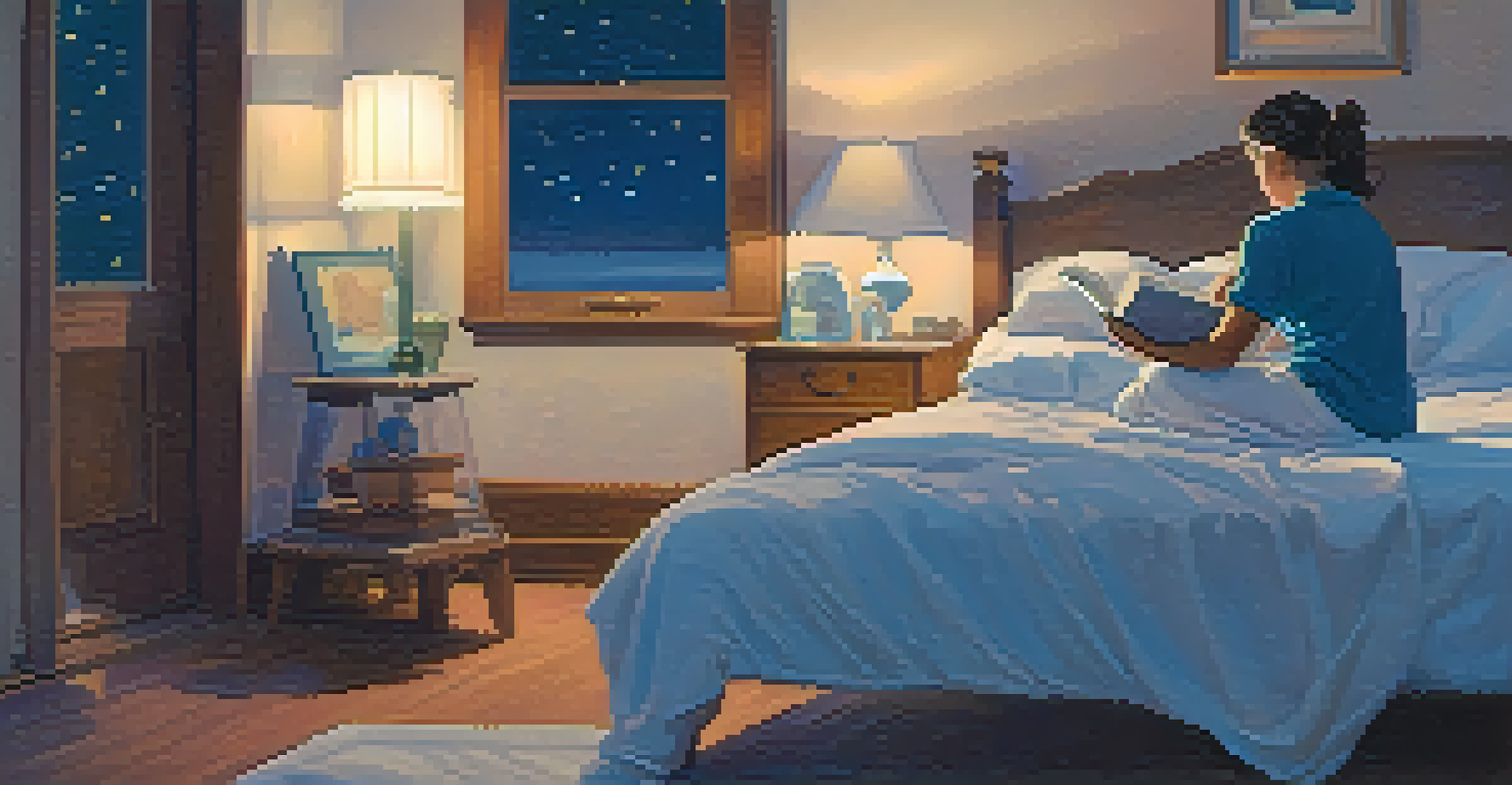 A person reading a book in a peaceful bedroom setting, promoting a calming bedtime routine.