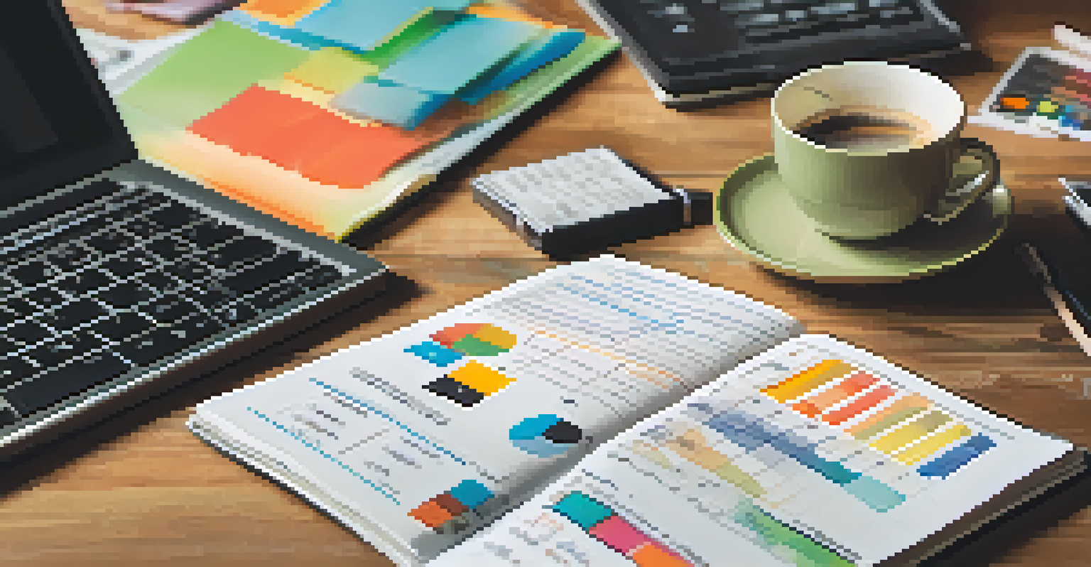 A person's hands arranging a budget planner with notes and graphs on a wooden desk, accompanied by a laptop and a cup of coffee, representing financial planning.