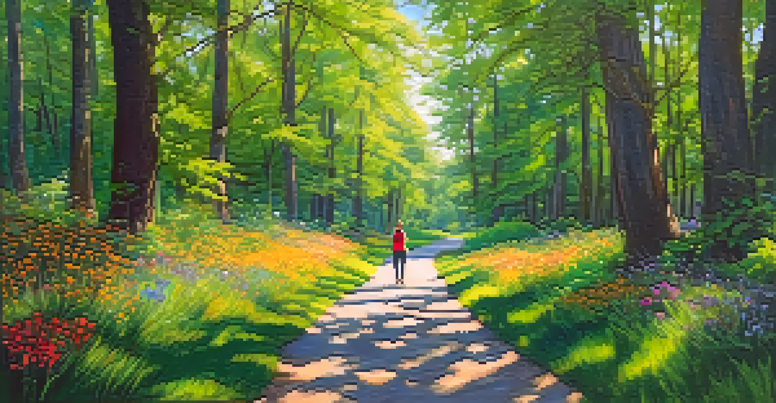 A person walking mindfully on a forest path, surrounded by trees and wildflowers.
