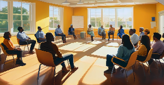 A diverse group of individuals sitting in a circle in a bright room, discussing community health issues with a whiteboard in the background.