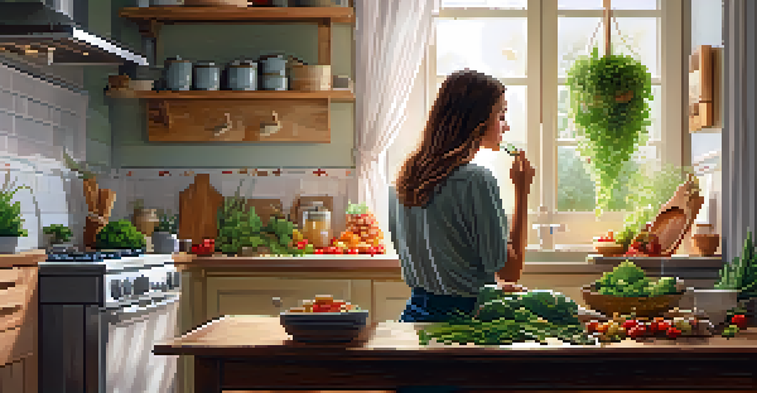 A person enjoying a healthy meal at a wooden dining table in a cozy kitchen, with fresh ingredients and warm lighting.