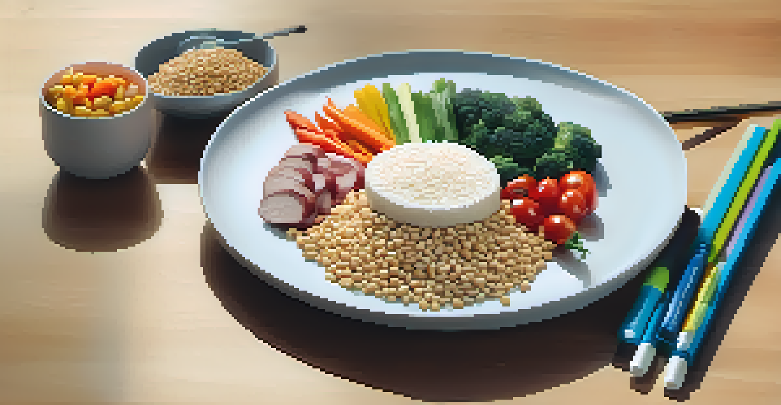 A balanced meal with whole grains, protein, and vegetables, with a notebook for tracking food intake.