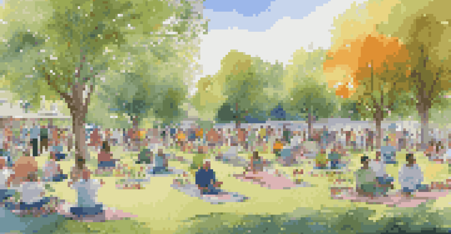 A diverse group of people enjoying a sunny day in a park, engaging in activities like yoga and painting among colorful flowers.