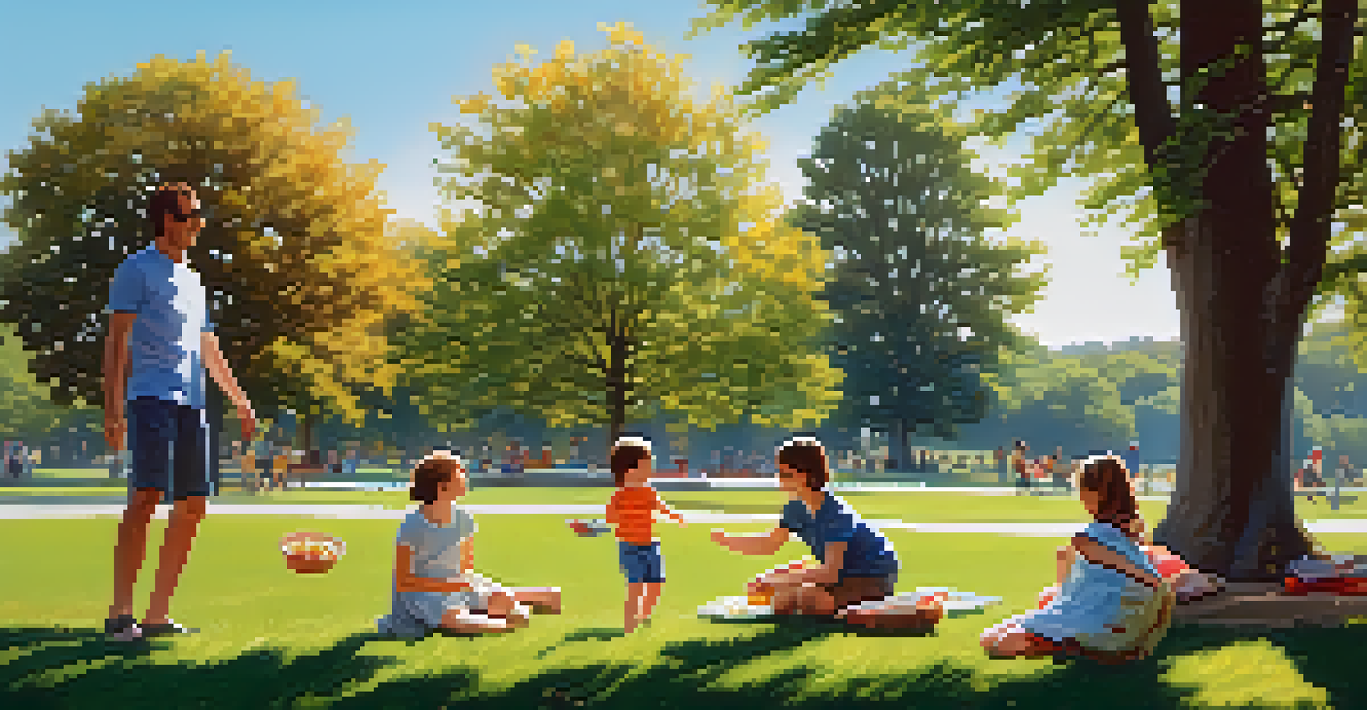 A family of four enjoying a sunny day at the park, playing frisbee and having a picnic on the grass.