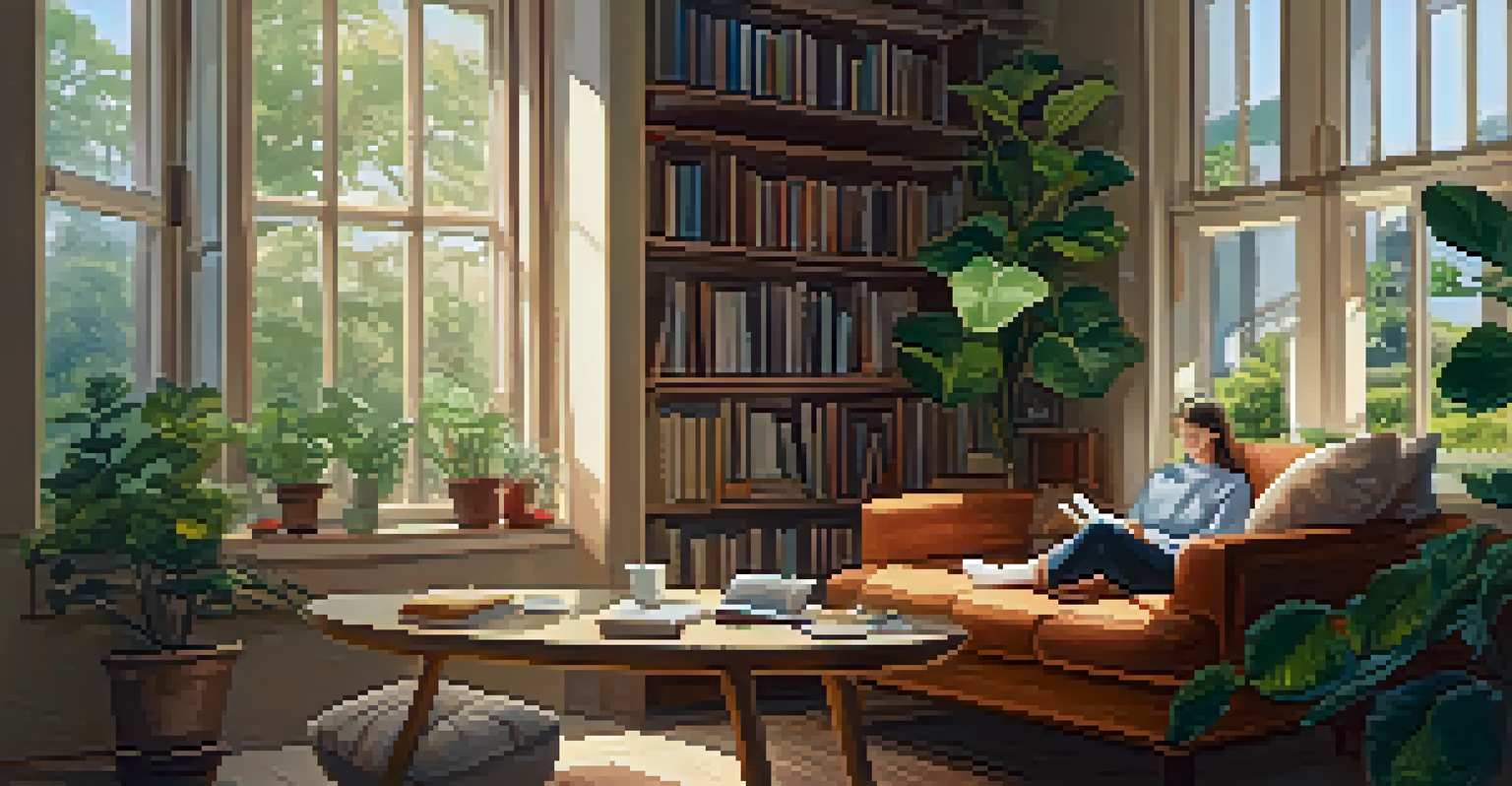 A peaceful reading nook with a person reading a book, a smartphone set aside, and sunlight creating a relaxed atmosphere.