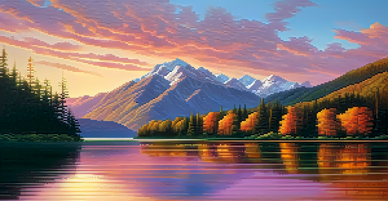 A sunset over a calm lake surrounded by mountains, with reflections of the colorful sky in the water.