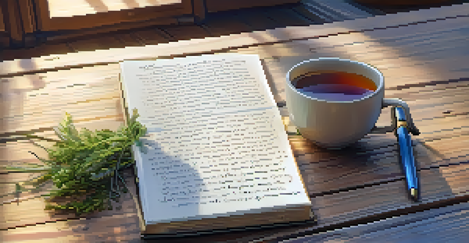 An open journal with handwritten notes and a gratitude list on a wooden table, accompanied by a cup of herbal tea, creating a cozy atmosphere.