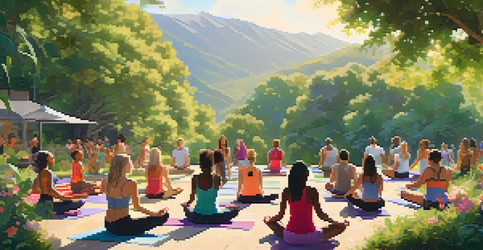 A diverse group of people participating in outdoor fitness activities like yoga and dancing, surrounded by nature and bright flowers.