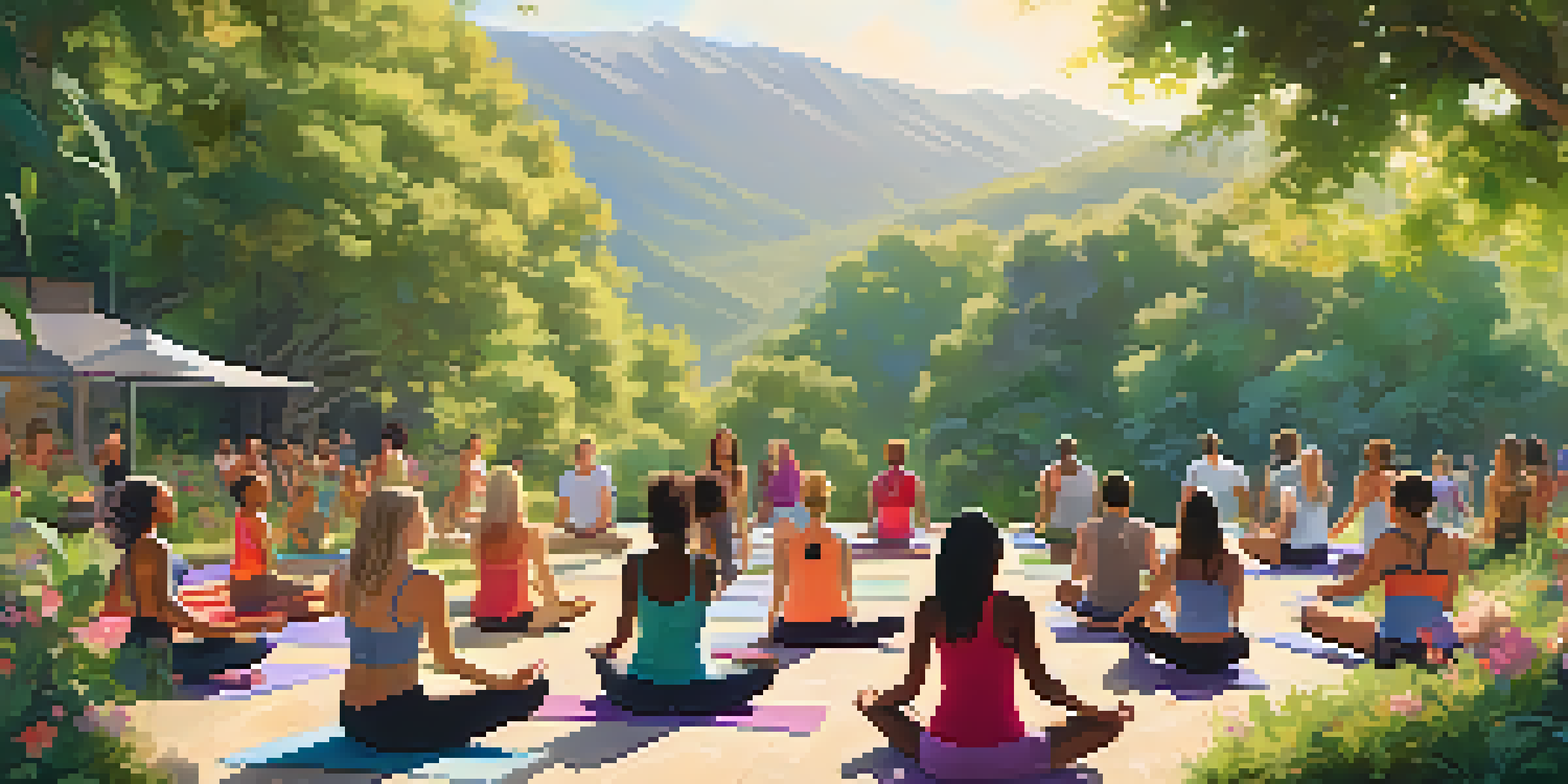 A diverse group of people participating in outdoor fitness activities like yoga and dancing, surrounded by nature and bright flowers.