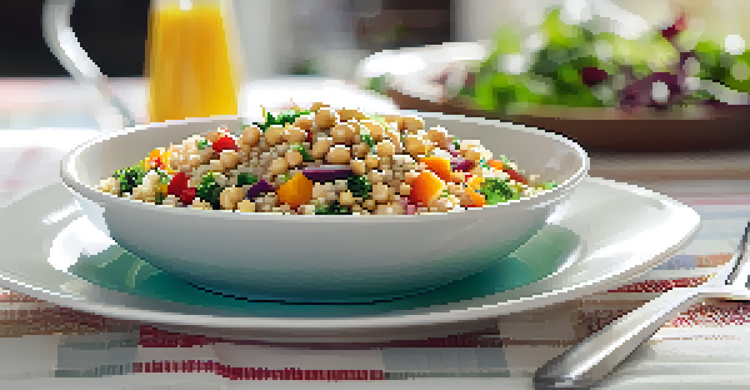A bowl of quinoa salad with vegetables and chickpeas on a colorful tablecloth.
