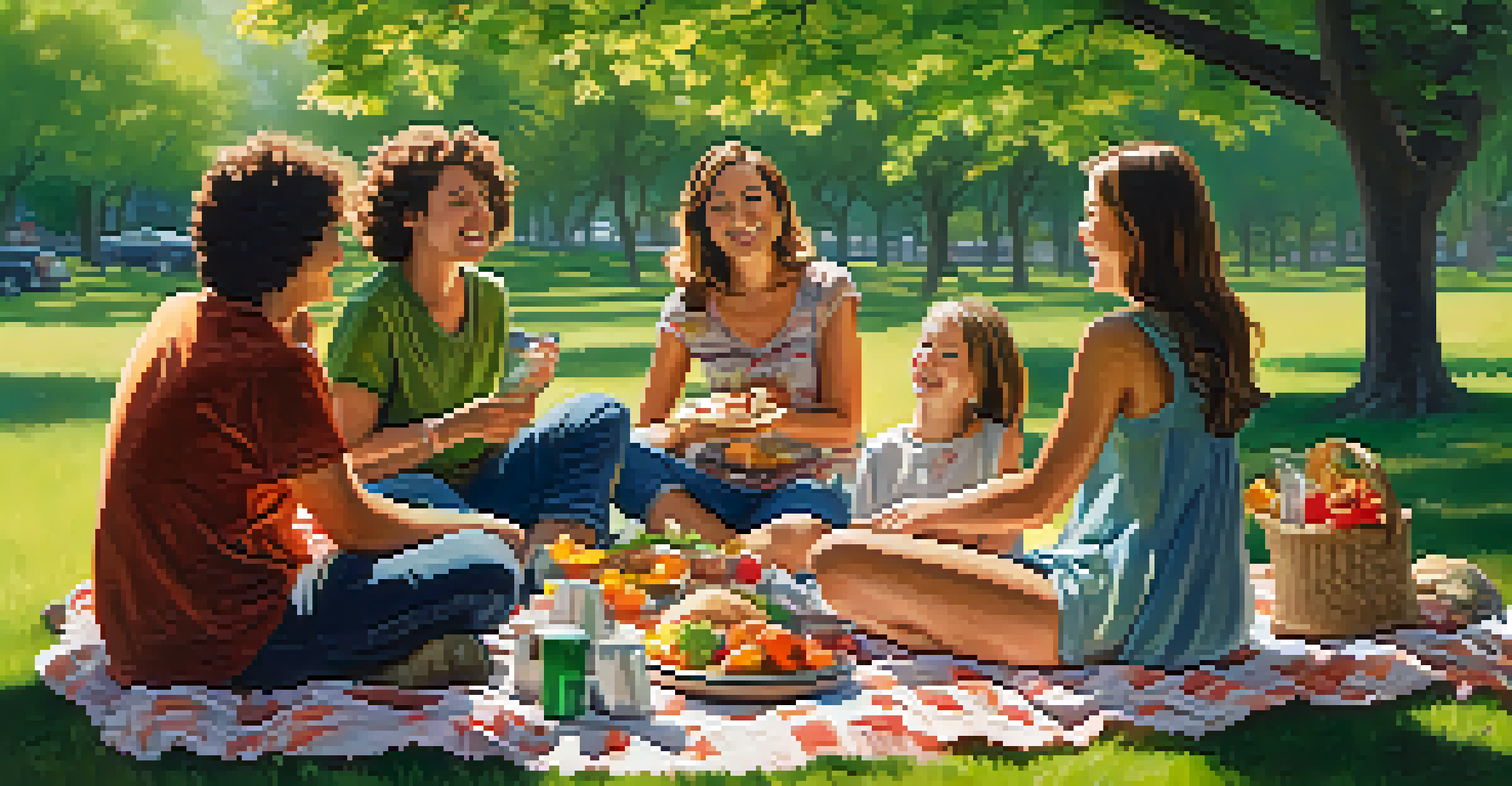 A group of friends having a joyful picnic in a sunny park with food spread on a blanket.