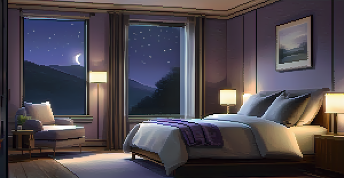 A peaceful bedroom with a diffuser emitting lavender mist, soft pillows, and warm lighting creating a calming atmosphere.