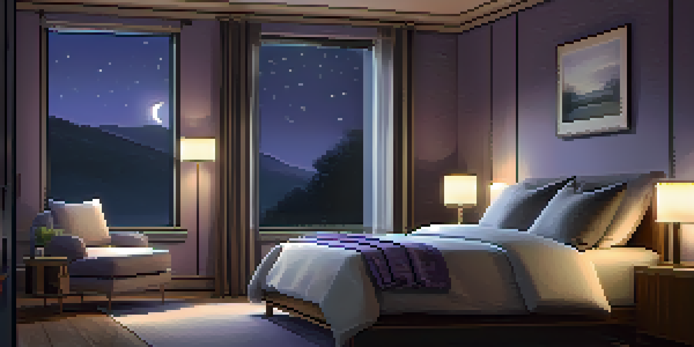 A peaceful bedroom with a diffuser emitting lavender mist, soft pillows, and warm lighting creating a calming atmosphere.