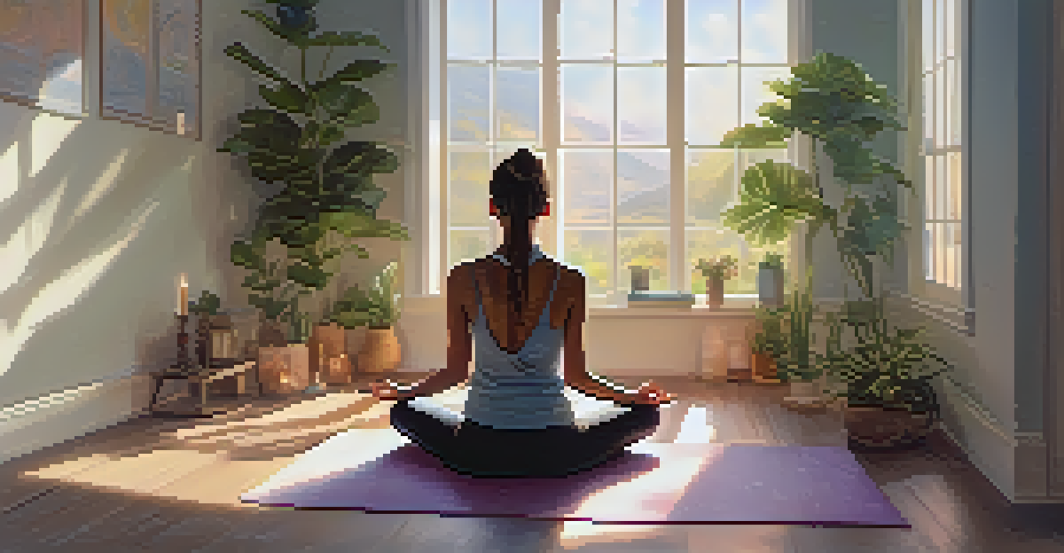 A young person practicing yoga in a sunlit room filled with plants and candles, exuding tranquility and mindfulness.