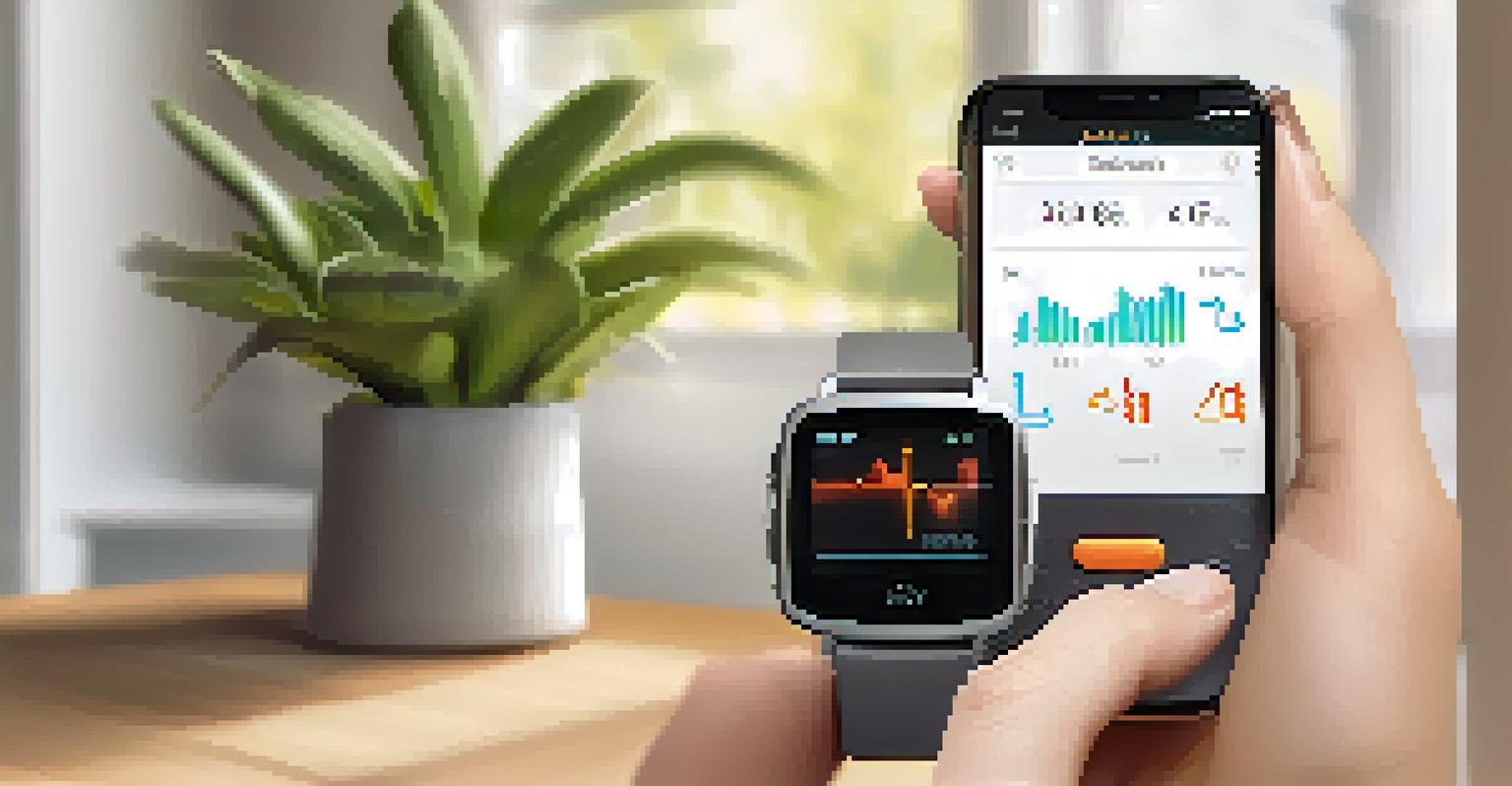 A hand holding a digital health tracker with health data displayed, set against a cozy home background.