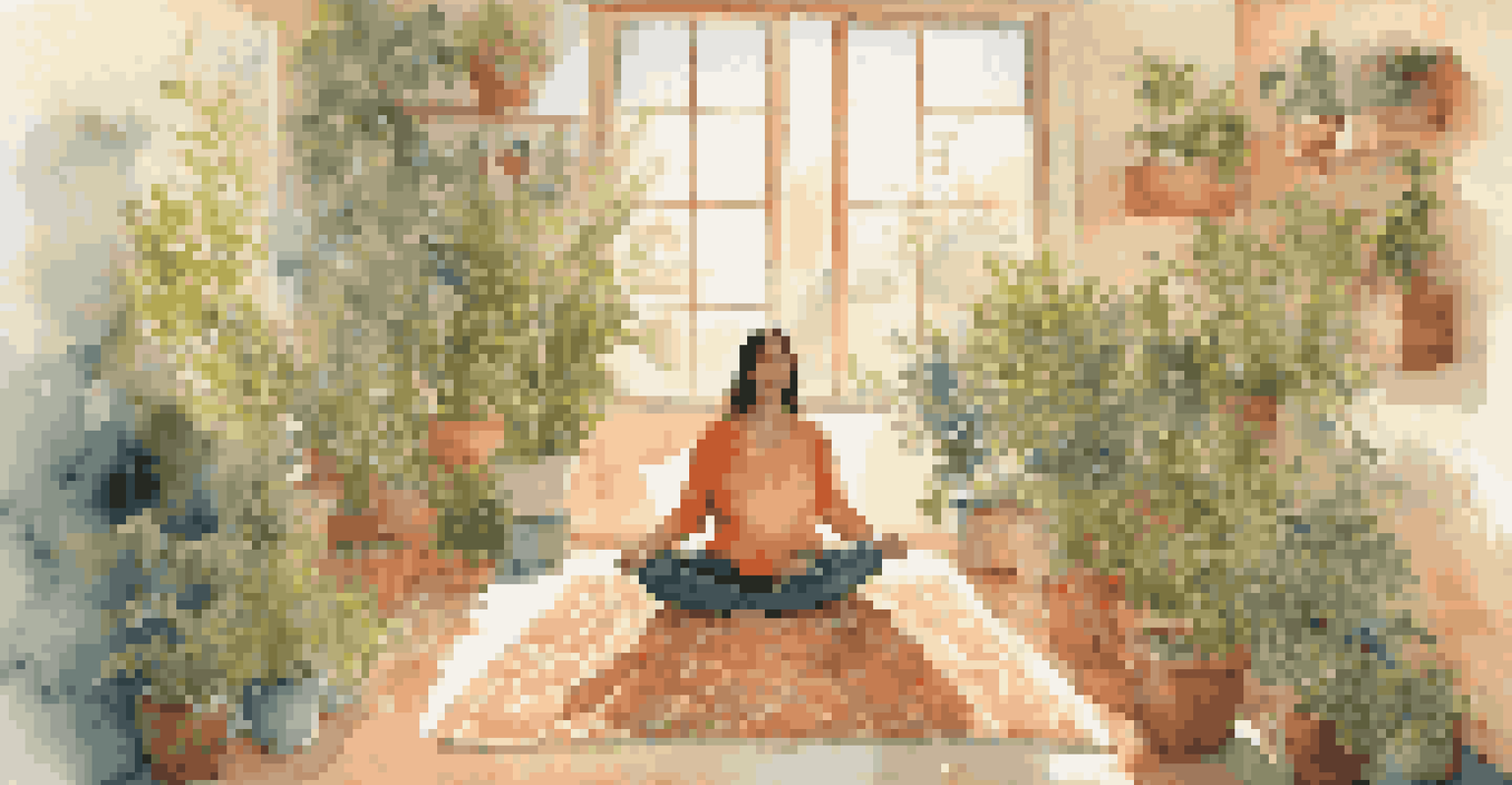 A person meditating in a bright room filled with plants, cushions, and warm colors, promoting mindfulness and tranquility.