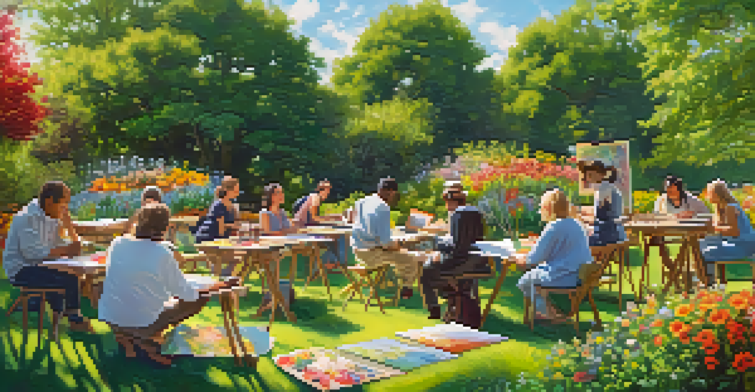 A diverse group of individuals painting on canvases in a garden, surrounded by flowers and greenery, expressing joy and creativity.