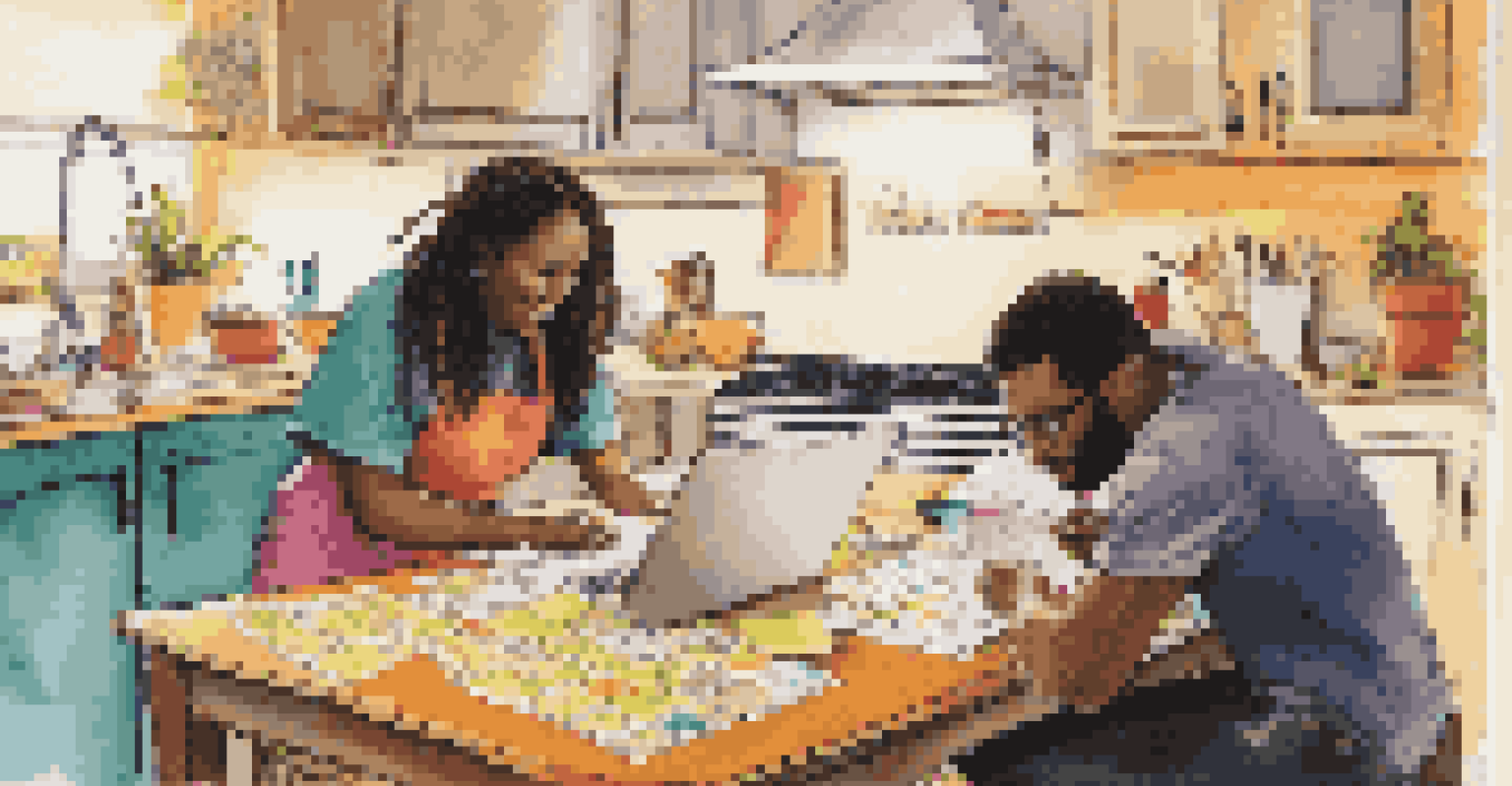 A couple working together at a kitchen table, creating a chore chart with colorful post-it notes and markers.