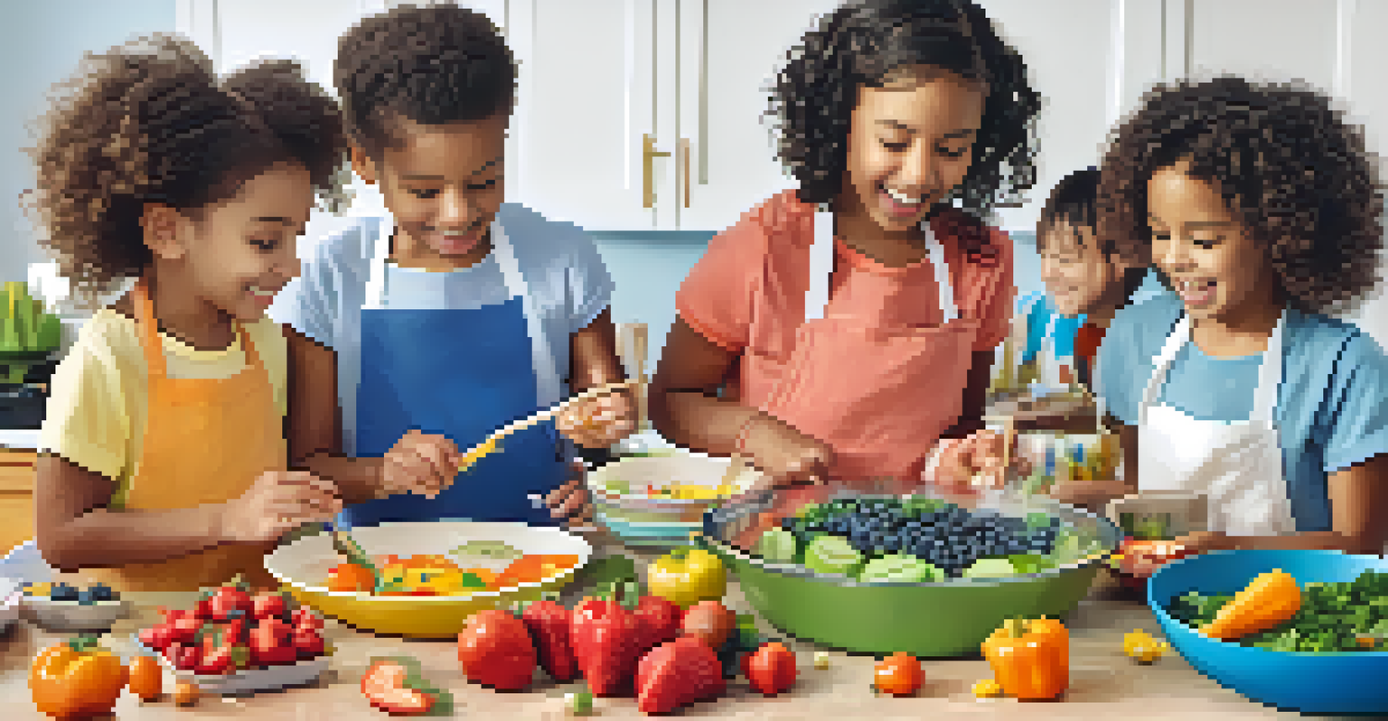 Kids engaged in a 'Rainbow Day' cooking activity, creating colorful dishes with a variety of fruits and vegetables on a table.