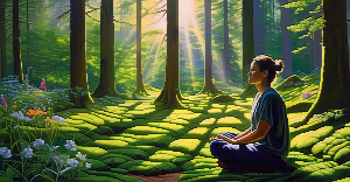 A peaceful forest with a person meditating on the ground, surrounded by greenery and wildflowers, with sunlight filtering through the trees.