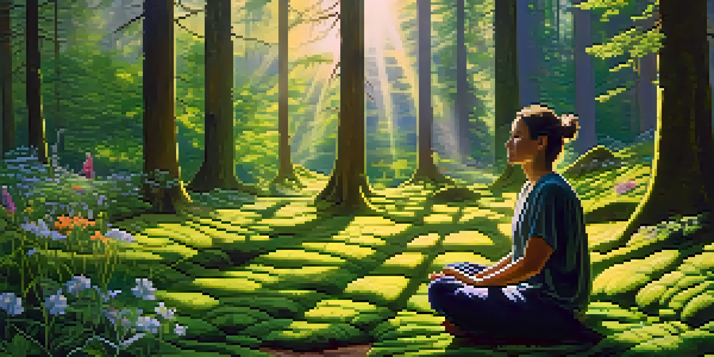 A peaceful forest with a person meditating on the ground, surrounded by greenery and wildflowers, with sunlight filtering through the trees.