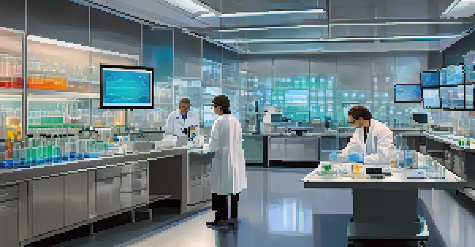 A modern laboratory with scientists conducting vaccine research, featuring high-tech equipment and colorful liquids.